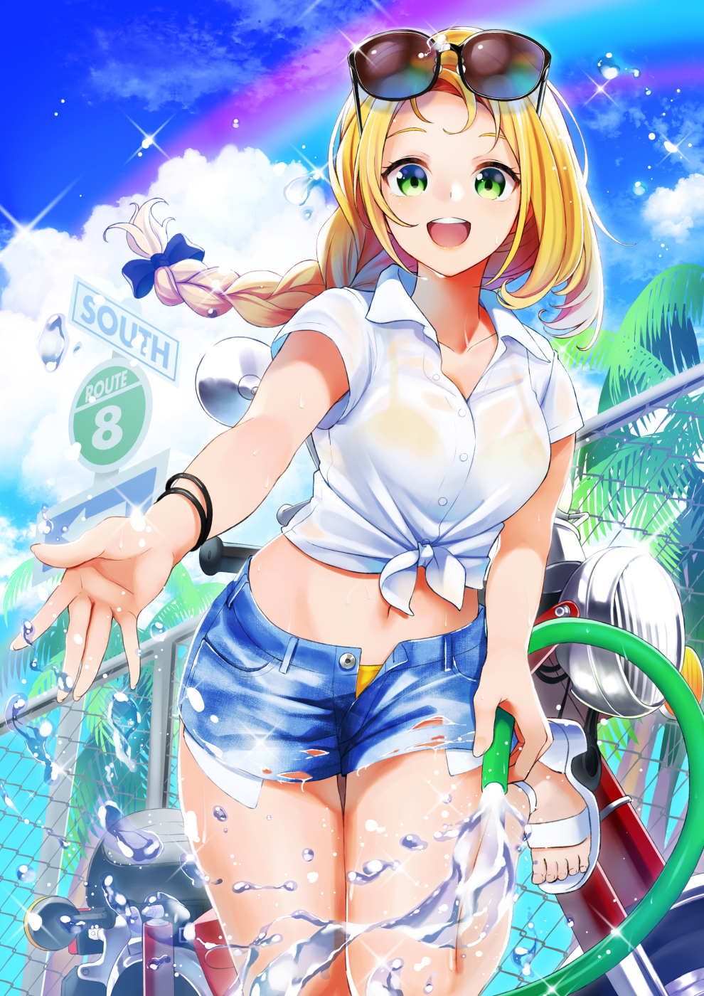 1girl :d bikini bikini_under_clothes black-framed_eyewear blue_sky bow braid breasts buttons chain-link_fence cloud cloudy_sky collarbone collared_shirt commentary_request crop_top cutoffs day denim denim_shorts exposed_pocket eyewear_on_head female_focus fence floating_hair front-tie_top green_eyes hair_bow highres holding hose leg_up long_hair looking_at_viewer medium_breasts motor_vehicle motorcycle navel open_fly open_mouth original outdoors rainbow retsuna sandals see-through_clothes shirt short_shorts short_sleeves shorts sign single_braid sky smile solo sparkle standing standing_on_one_leg stomach sunglasses swimsuit thighs tree water wet wet_clothes wet_shirt white_shirt wristband yellow_bikini