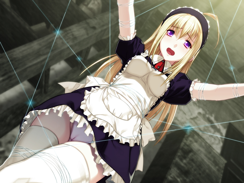 1girl ahoge anna_(gekkou_no_carnevale) apron black_shirt black_skirt blonde_hair breasts cameltoe frilled_skirt frilled_sleeves frills from_below game_cg gekkou_no_carnevale hair_between_eyes long_hair maid maid_headdress medium_breasts miniskirt oosaki_shin&#039;ya open_mouth panties purple_eyes restrained shirt short_sleeves skirt solo thigh_gap thighhighs underwear very_long_hair wavy_mouth white_apron white_panties white_thighhighs