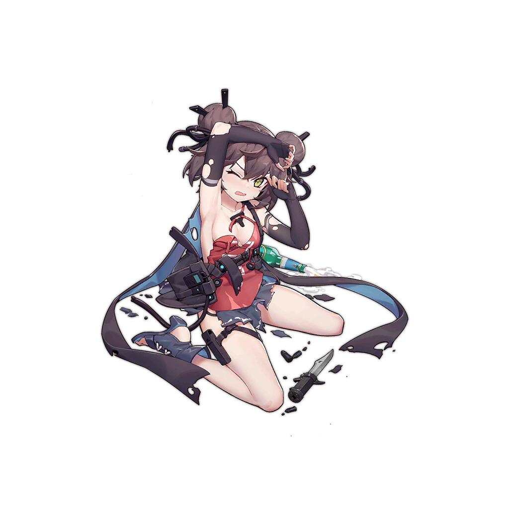 1girl 7.62x17_type_64 ;o ammunition arm_up armpits bare_legs black_gloves bottle breasts brown_hair bullet chunrijun_(springer) combination_weapon damaged double_bun elbow_gloves fang fingerless_gloves full_body girls&#039;_frontline gloves green_eyes grey_background gun hair_bun hair_ornament halterneck handgun handgun_cartridge knife knife_gun medium_breasts military_cartridge miniskirt multiple-barrel_gun official_art one_eye_closed pistol pistol_cartridge qsb-91 qsb-91_(girls&#039;_frontline) quadruple-barreled_pistol sandals short_hair sitting skirt solo spilling thigh_strap torn_clothes torn_gloves transparent_background volley_gun wariza weapon