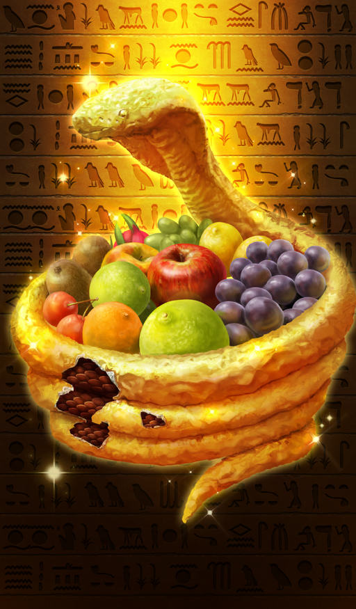 apple brown_background cherry chocolate cobra_(animal) commentary fate/grand_order fate_(series) food food_art food_focus fruit fruit_request furudate_kouichi glowing grapes hieroglyphics lemon no_humans official_art snake sparkle still_life third-party_source yellow_theme