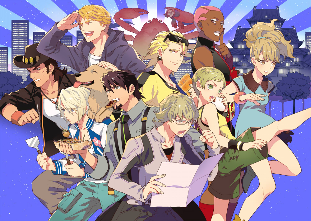 10s 2girls 6+boys antonio_lopez steamed_bun barnaby_brooks_jr. crab food girly_boy gum_(gmng) huang_pao-lin ivan_karelin kaburagi_t._kotetsu karina_lyle keith_goodman mark_schneider multiple_boys multiple_girls nathan_seymour ryan_goldsmith takoyaki tiger_&amp;_bunny
