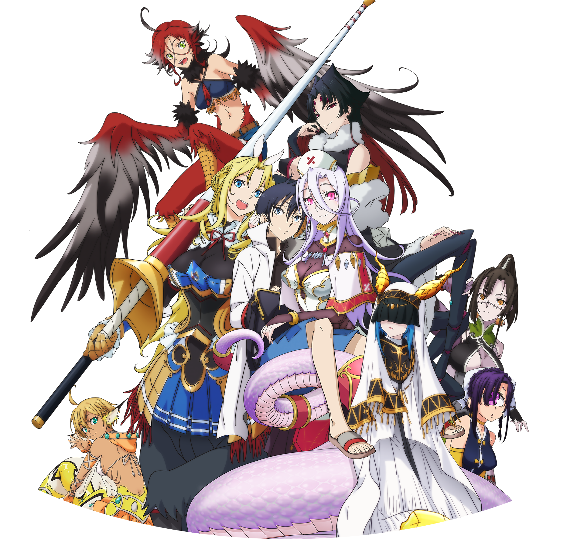 1boy 6+girls ahoge arachne arahnia_taranterra_arachnida arthropod_girl braid breasts centaur cleavage covered_eyes dark_skin fins gills glenn_litbeit hair_between_eyes half-closed_eyes head_fins high_ponytail highres holding_person illy insect_girl kunai_zenow lulala_heine meme_redon monster_girl monster_musume_no_oisha-san multiple_girls official_art ponytail saphentite_neikes skadi_dragenfelt spider_girl taur tisalia_scythia transparent_background winged_arms wings