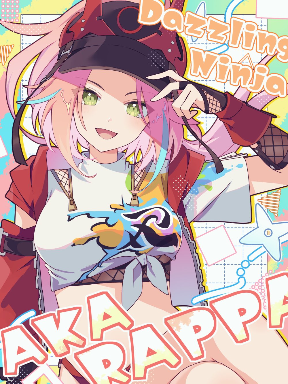 1girl black_gloves breasts bridal_gauntlets crop_top fishnet_bridal_gauntlets gloves green_eyes hand_on_own_hat hat horned_hat highres honkai:_star_rail honkai_(series) jacket long_hair looking_at_viewer medium_breasts open_clothes open_jacket pink_hair rappa_(honkai:_star_rail) red_hat red_jacket shirase_(shirose) shirt smile tied_shirt upper_body white_shirt
