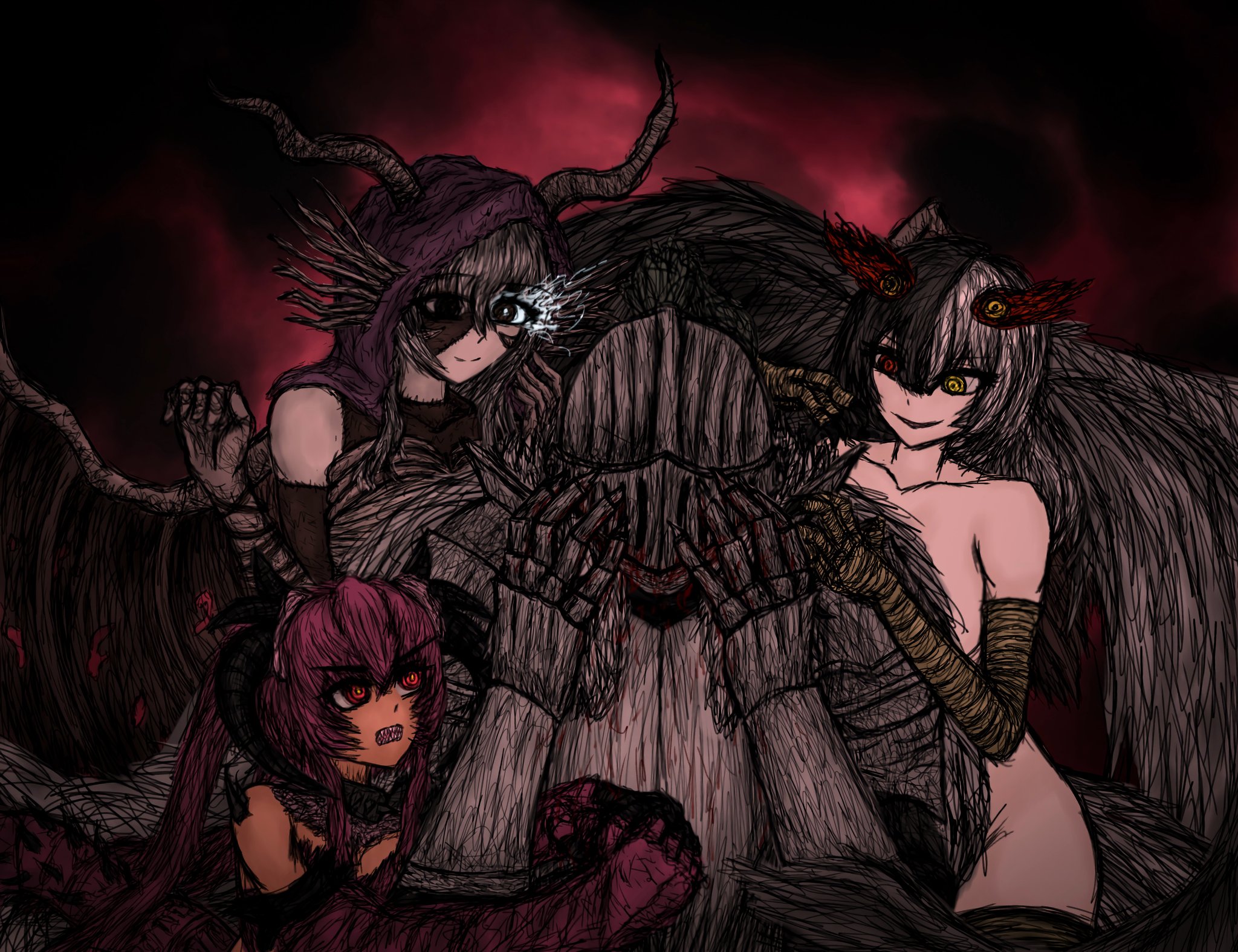 1boy 3girls armor bandersnatch_(black_souls) black_souls black_souls_2 blood blood_drip claws covering_face fangs feathers full_armor grimm_(black_souls) hand_on_another's_head hand_on_another's_hip hand_on_another's_shoulder hands_on_own_face helmet highres horns jabberwock_(black_souls) jubjub_(black_souls) multiple_girls rin_rinx0 spoilers
