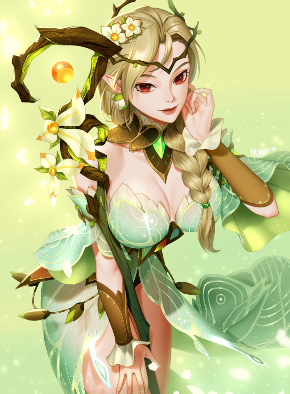 1girl afk_(series) afk_journey artist_name bare_shoulders blonde_hair braid breasts breasts_apart closed_mouth cowboy_shot detached_sleeves dress earrings elf floral_border flower gradient_background green_background hair_flower hair_ornament hand_on_own_ear hand_on_own_thigh headpiece highres holding holding_staff jewelry long_hair looking_at_viewer nuna orb parisa_(afk) pointy_ears red_eyes side_braid single_earring solo staff standing wrist_cuffs