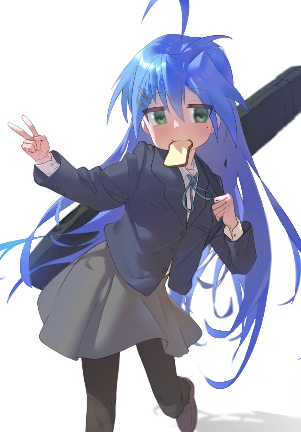 1girl adjusting_strap ahoge alternate_costume aqua_bow aqua_bowtie aqua_ribbon black_pantyhose blazer blue_jacket blush bow bowtie bread bread_slice breasts brown_shoes collared_shirt commentary crossover dress_shirt food food_in_mouth foot_out_of_frame green_eyes grey_skirt guitar_case hair_between_eyes hair_ornament hairclip hakun_(hak_kun) hand_up highres holding_strap instrument_case instrument_case_on_back izumi_konata jacket jitome k-on! late_for_school light_blush loafers long_hair long_sleeves lucky_star mole mole_under_eye mouth_hold neck_ribbon pantyhose ribbon running sakuragaoka_high_school_uniform school_uniform shadow shirt shoes skirt small_breasts solo toast toast_in_mouth v very_long_hair white_shirt