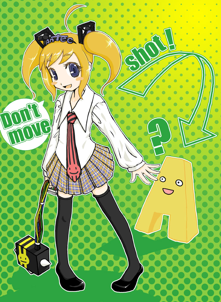 ahoge antec antecco blonde_hair blue_eyes computer_fan mascot naitori_sakana necktie solo thighhighs twintails