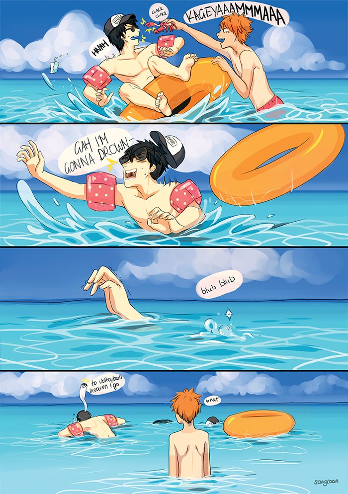 10s 2boys 4koma artist_name black_hair black_male_swimwear black_swim_trunks blue_sky cloud comic crab day english_text giving_up_the_ghost haikyuu!! hat hinata_shouyou inflatable_armbands innertube juice_box kageyama_tobio male_focus male_swimwear multiple_boys ocean orange_eyes orange_hair partially_submerged red_male_swimwear red_swim_trunks sangcoon signature sky splashing sunglasses sweat swim_ring swim_trunks swimsuit