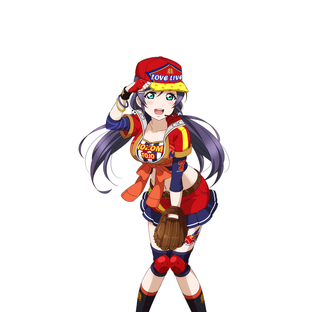 1girl baseball baseball_(love_live!) baseball_cap baseball_glove baseball_uniform belt belt_buckle blush bracelet breasts brown_belt buckle clenched_hand collarbone feet_out_of_frame fingerless_gloves frilled_skirt frills gloves green_eyes hair_ornament hand_on_own_knee hand_up hat headset jewelry knee_pads knees_together_feet_apart large_breasts leaning_forward leg_tattoo long_hair looking_at_viewer love_live! love_live!_school_idol_festival love_live!_school_idol_project low_twintails midriff miniskirt navel official_art open_mouth pigeon-toed purple_hair red_gloves red_skirt shirt skirt smile solo sportswear tattoo teeth three-quarter_sleeves tojo_nozomi transparent_background twintails upper_teeth_only wristband
