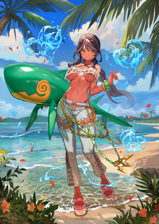 1girl andromeda_(fate) andromeda_(second_ascension)_(fate) bangle beach bikini bikini_under_clothes blue_pants blue_sky bracelet braid breasts breasts_apart brown_hair chain_belt clothing_cutout cloud criss-cross_halter cross-laced_clothes cross-laced_pants dark-skinned_female dark_skin denim fate/grand_order fate_(series) full_body game_cg green_eyes grin halterneck hand_up heart holding holding_toy hydrokinesis inflatable_toy inflatable_whale jeans jewelry lack leg_up linea_alba long_hair looking_at_viewer low_twintails medium_breasts multiple_bracelets navel official_art pants panty_straps parted_bangs pink_sandals platform_sandals sandals sidelocks sky smile solo standing standing_on_one_leg stomach swimsuit teeth third-party_source toy twintails underboob variant_set water