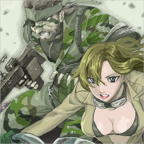 1boy 1girl bandana blonde_hair blue_eyes breasts camouflage eva_(metal_gear) eyepatch facepaint goggles goggles_around_neck large_breasts lowres metal_gear_(series) metal_gear_solid_3:_snake_eater michuru_(qeenbee) naked_snake