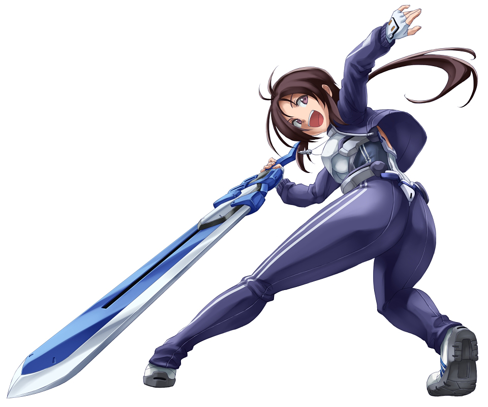 1girl brown_hair female_focus jersey kyoukaisenjou_no_horizon mutsumi_masato oriotorai_makiko purple_eyes solo sweats sword weapon