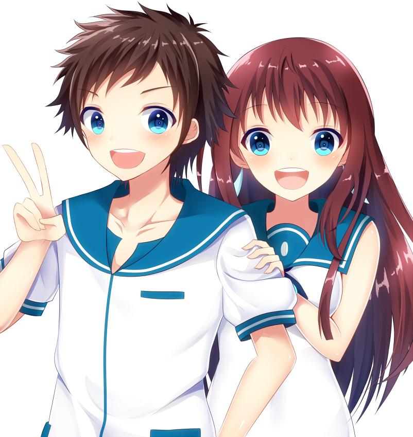 10s 1boy 1girl blue_eyes brown_hair dress kanatougo long_hair mukaido_manaka nagi_no_asukara sailor_collar sailor_dress sakishima_hikari school_uniform serafuku short_hair v