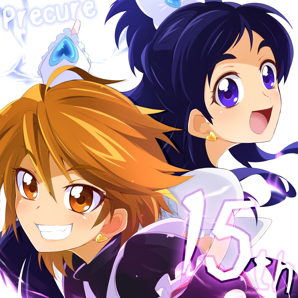 2girls :d anniversary ashita_wa_hitsuji black_gloves black_shirt blue_eyes blue_hair bow commentary_request copyright_name cure_black cure_white dress earrings english_text eyelashes fingerless_gloves futari_wa_precure gloves hair_bow hair_ornament happy heart heart_earrings jewelry long_hair looking_at_viewer magical_girl misumi_nagisa multiple_girls open_mouth orange_eyes orange_hair precure shirt short_hair simple_background smile white_dress yukishiro_honoka