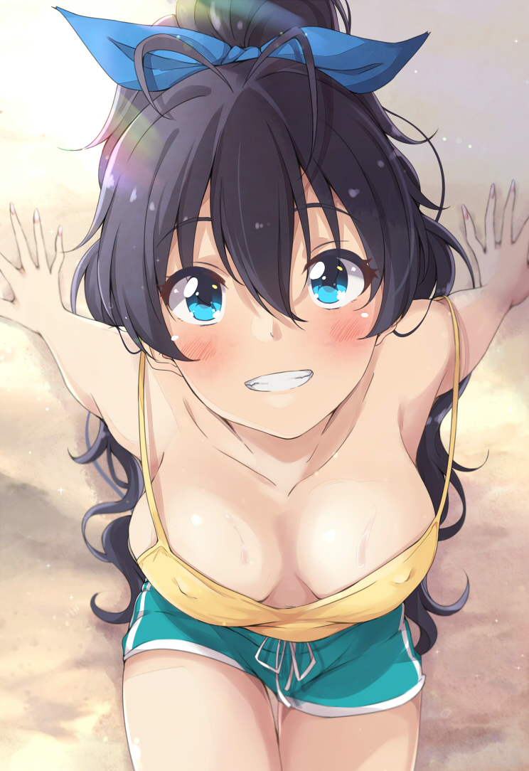 1girl antenna_hair black_hair blue_eyes blue_ribbon blush breasts camisole collarbone commentary covered_erect_nipples dolphin_shorts downblouse drawstring foreshortening from_above ganaha_hibiki grin hair_between_eyes hair_ribbon high_ponytail hitotsuki_nanoka idolmaster idolmaster_(classic) long_hair medium_breasts no_bra ponytail ribbon short_shorts shorts sitting smile solo strap_slip sweat thigh_gap thighs very_long_hair yellow_camisole