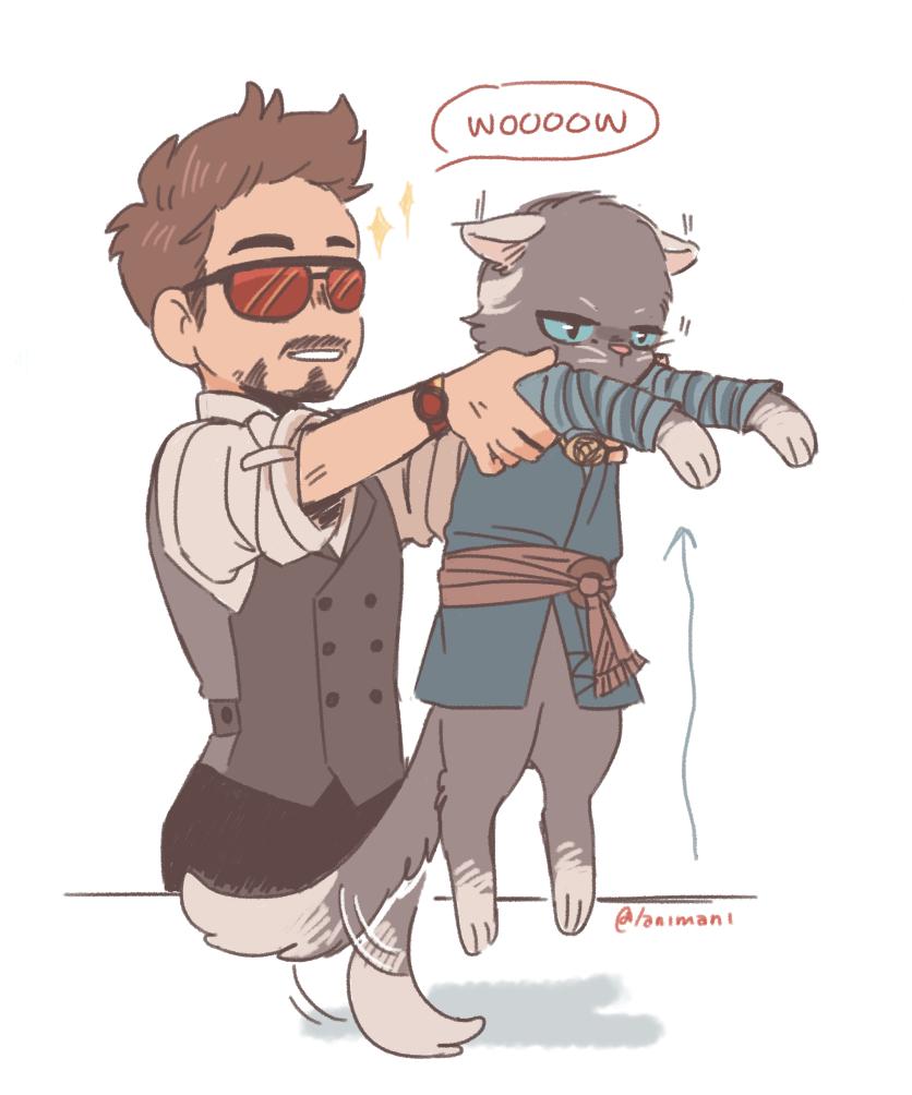 1boy animal animal_ears animal_nose animalization arrow_(symbol) artist_name belt black-framed_eyewear black_cat black_fur black_pants black_vest blue_eyes blue_shirt brown_hair buttons cat cat_ears cat_tail collared_shirt doctor_strange english_text facial_hair gold_necklace hands_up holding holding_animal jewelry lanimani lapels long_sleeves marvel marvel_cinematic_universe necklace pants red-tinted_eyewear red_belt shadow shirt short_hair simple_background sleeves_rolled_up smile sparkle speech_bubble sunglasses tail teeth tinted_eyewear tony_stark vest watch white_background white_shirt wristwatch