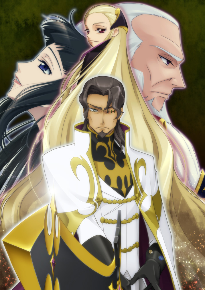 1girl 3boys beard bismarck_waldstein black_hair blonde_hair blue_eyes brown_hair cape charles_zi_britannia code_geass facial_hair gloves grey_eyes grey_hair hidari_ise left_(pixiv668540) long_hair marianne_vi_britannia military military_uniform multiple_boys one_eye_closed purple_eyes red_eyes short_hair sword v.v. weapon wink
