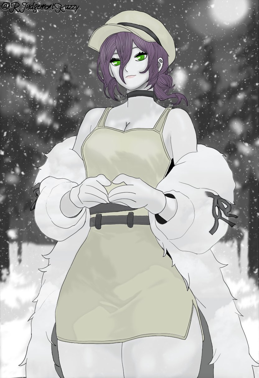 belt black_belt black_choker black_ribbon breasts chainsaw_man choker coat dress fur_coat gloves green_dress green_eyes hair_between_eyes highres index_fingers_together judgementkazzy pink_lips purple_eyes reze_(chainsaw_man) ribbon side_slit small_breasts smile snowing spaghetti_strap thick_thighs thighs two-tone_background white_gloves