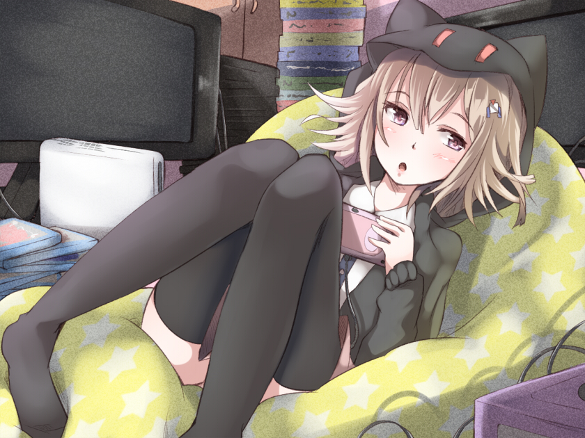 10s :o animal_hood bad_id bad_pixiv_id black_thighhighs blonde_hair blush cable case cat_hood collared_shirt cupboard danganronpa_(series) danganronpa_2:_goodbye_despair feet game_console gamecube hair_between_eyes hair_ornament hairpin handheld_game_console hood hoodie lying nanami_chiaki no_shoes on_back open_clothes open_hoodie parted_lips pillow pink_eyes pink_skirt playstation_vita pleated_skirt shirt shuga_(soranote) skirt solo star_(symbol) star_print television thighhighs white_shirt wii