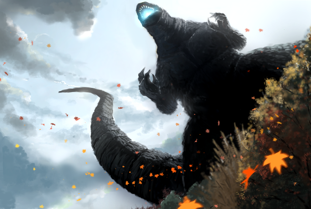 autumn autumn_leaves blue_sky claws cloud crossover day dinosaur dutch_angle falling_leaves from_below giant giant_monster glowing_mouth godzilla godzilla_(series) grass kaiju king_kong_(series) king_kong_vs._godzilla leaf monster nature no_humans open_mouth sharp_teeth sky suttoko tail teeth toho tree wind
