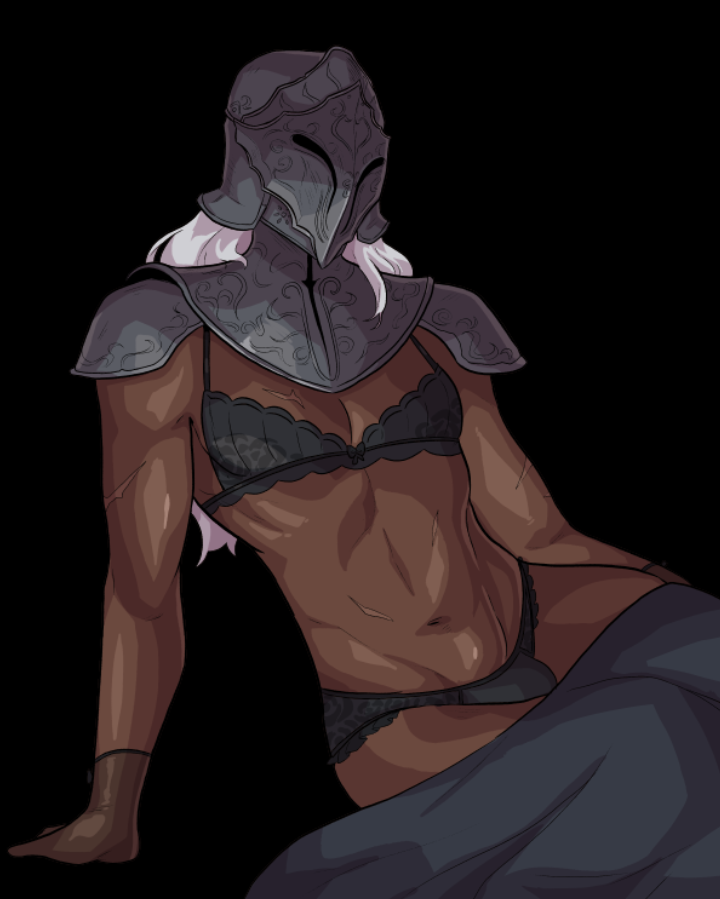 1boy alternate_costume armor black_background bulge covered_legs dark-skinned_male dark_skin dark_souls_(series) dark_souls_iii elden_ring elden_ring_nightreign executor_(elden_ring) gloves helmet lingerie log_dog long_hair midriff navel scar shoulder_armor simple_background solo trap underwear white_hair yuria_of_londor