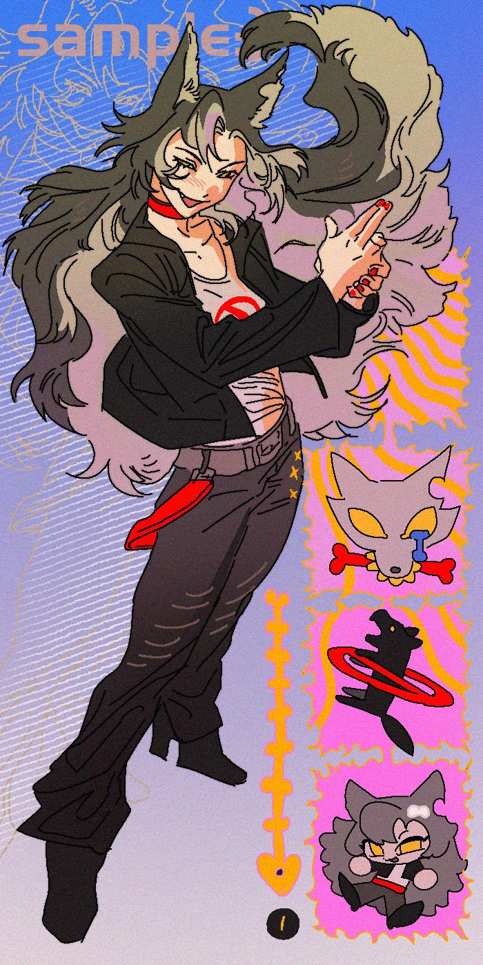 1girl animal animal_collar animal_ears ashva black_jacket black_pants blue_background collar commission fang finger_gun floating_hair full_body grey_hair highres jacket long_hair looking_at_viewer open_clothes open_jacket original pants red_nails solo standing very_long_hair wolf wolf_ears wolf_girl yellow_eyes