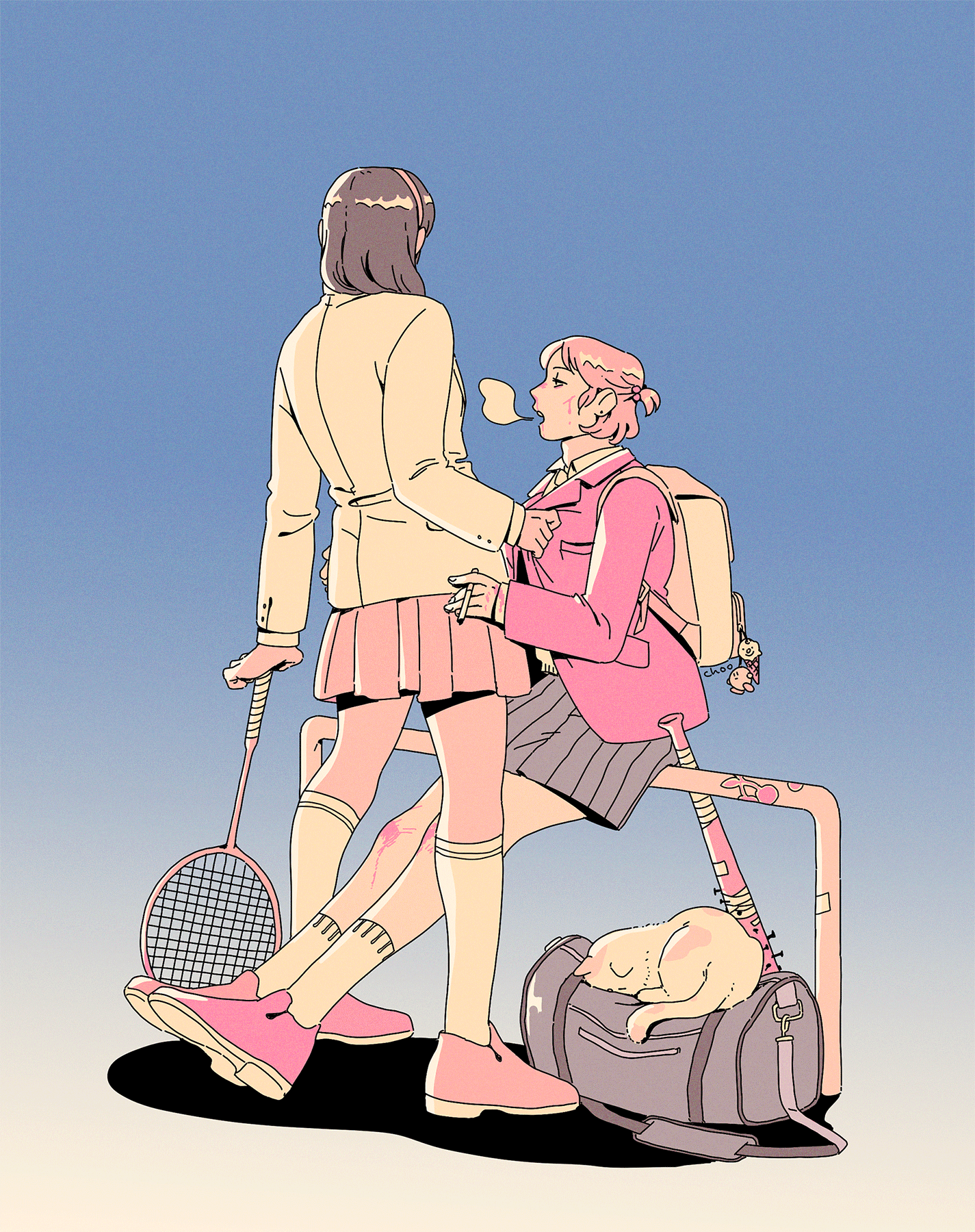 2girls animal backpack bag bag_charm baseball_bat blazer blood blood_on_face blood_on_hands blue_background breath brown_hair cat charm_(object) choo cigarette commentary english_commentary from_behind full_body gradient_background grey_bag grey_skirt headband highres holding holding_cigarette jacket long_hair long_sleeves looking_at_another miniskirt multiple_girls open_mouth original pink_blood pink_hair pink_jacket pink_shoes pink_skirt pleated_skirt racket school_bag school_uniform shoes short_hair sitting skirt sleeping_animal socks spiked_bat standing tennis_racket white_bag white_cat white_jacket white_socks yellow_background yuri