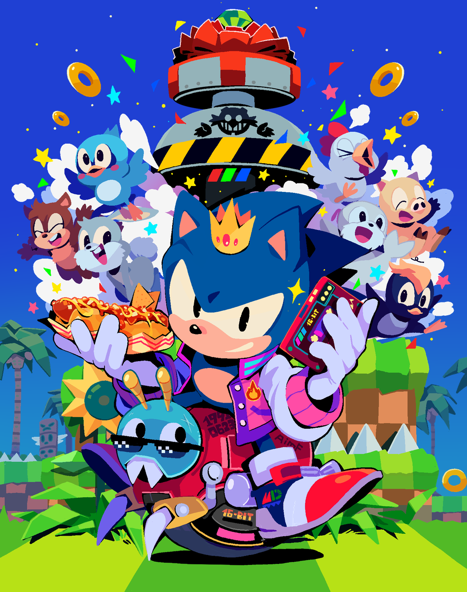 1boy aimf alternate_costume animal animal_ears animal_nose bird black_eyes cassette_tape chaos_emerald character_request chicken chili_dog commentary crown cucky_(sonic) day flicky_(character) flower food furry furry_male gloves green_hill_zone highres holding holding_food jacket looking_at_viewer male_focus moto_bug open_clothes open_jacket outdoors pecky_(sonic) penguin picky_(sonic) pig pink_jacket pocky_(sonic) rabbit red_footwear ring_(sonic) robot rocky_(sonic) seal_(animal) shoes sitting smile sonic_(series) sonic_the_hedgehog sonic_the_hedgehog_(classic) spikes star_(symbol) sunflower white_gloves