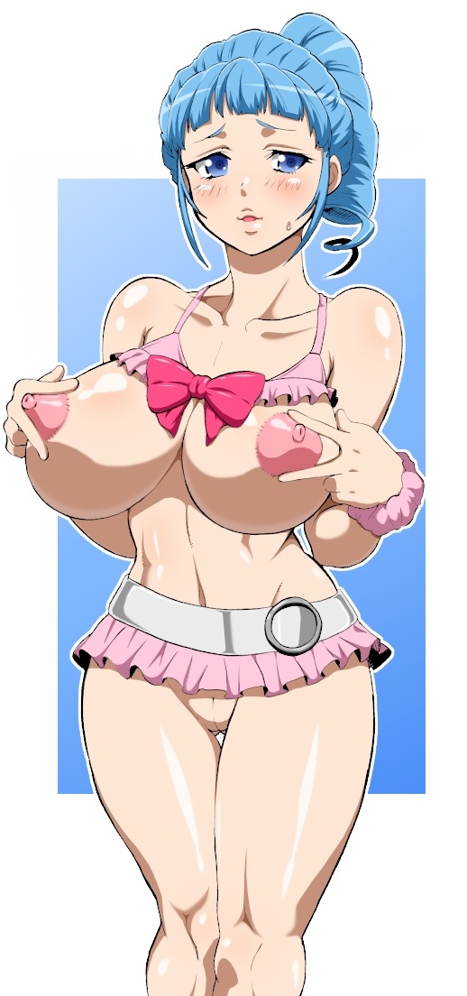 1girl ange_serena bikini blue_hair bottomless breasts cleft_of_venus hokuto_(artist) hokuto_(tokuho) huge_areola huge_breasts large_breasts looking_at_viewer miniskirt nipples no_panties pointless_clothes pointless_clothing pussy skirt solo swimsuit tagme tales_of_(series) tales_of_innocence useless_clothes useless_clothing