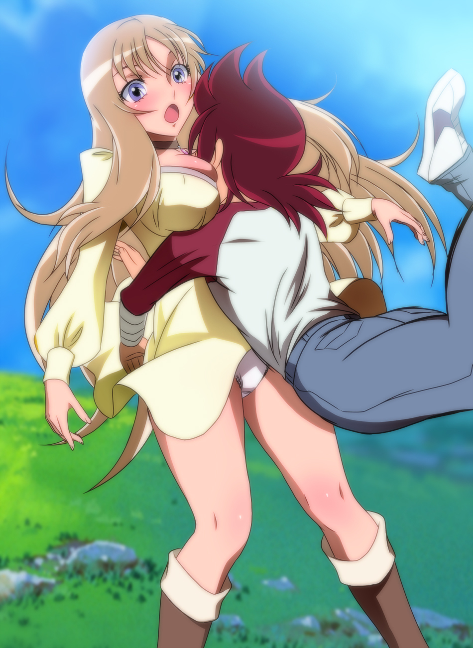 10s 1girl aquila_yuna between_breasts blonde_hair blue_eyes blush boots breast_smother breasts choker cleavage clothes_lift denim dress dress_lift face_to_breasts grass highres hug jeans large_breasts legs long_hair open_mouth panties pants pegasus_koga red_hair saint_seiya saint_seiya_omega shoes short_hair sky sneakers standing thighs underwear white_panties yadokari_genpachirou