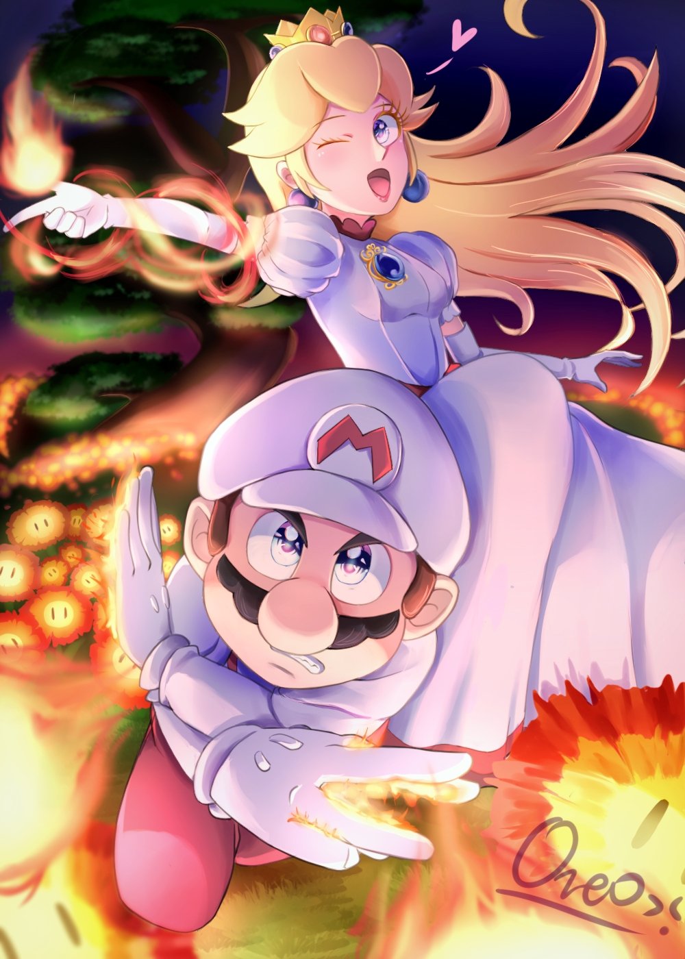 1boy 1girl blonde_hair blue_eyes brown_hair crown dress earrings facial_hair fire fire_flower fire_mario fire_peach gloves grin hair_between_eyes hat heart highres jewelry long_hair looking_at_viewer mario mario_(series) mustache nintendo one_eye_closed open_mouth princess_peach serious smile spoken_heart the_super_mario_bros._movie tree white_dress wink