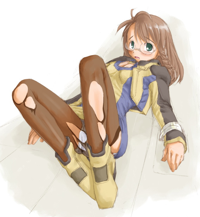 00s 1girl blush braid breasts brown_hair cleavage female_focus glasses green_eyes kasuga_yukihito panties panties_under_pantyhose pantyhose pantyshot restrained shion_uzuki solo torn_clothes torn_pantyhose underwear upskirt xeno_(series) xenosaga