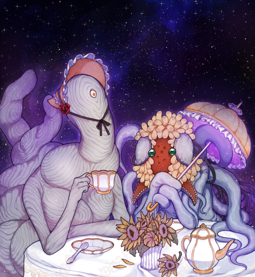 bloodborne bonnet colored_skin commentary_request donar0217 ebrietas_daughter_of_the_cosmos elden_ring elden_ring:_shadow_of_the_erdtree eldritch_abomination flower frilled_bonnet frilled_umbrella frills green_eyes grey_skin holding holding_umbrella korean_commentary metyr_mother_of_fingers night night_sky one-eyed sharp_teeth sky space spoon sunflower teapot teeth tentacles umbrella vase yellow_eyes