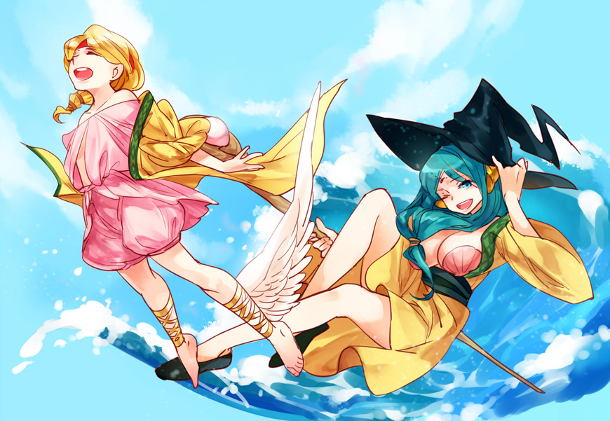 2girls ankle_wings aqua_hair barefoot bikini blonde_hair bloomers blue_eyes blue_hair breasts floating front_ponytail hat large_breasts long_hair magi_the_labyrinth_of_magic multiple_girls one_eye_closed pisti shell shell_bikini siruphial underwear water wings witch_hat yamuraiha