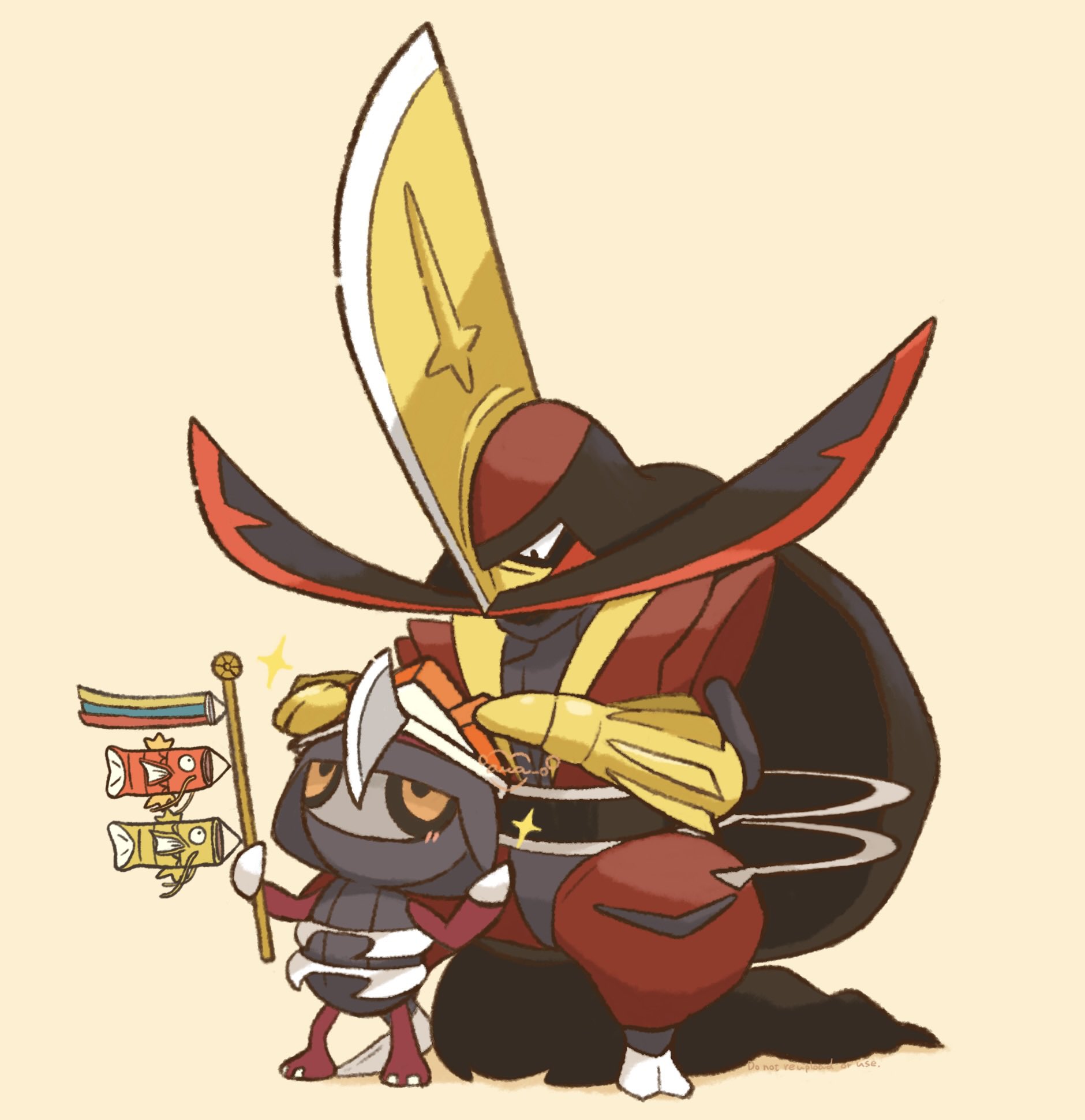 artist_name blush commentary gen_1_pokemon gen_5_pokemon highres holding holding_stick kingambit kodomo_no_hi koinobori looking_at_another looking_up magikarp nintendo oawa_oo paper_hat paper_kabuto pawniard pokemon pokemon_(creature) putting_on_headwear simple_background sparkle stick windsock yellow_background
