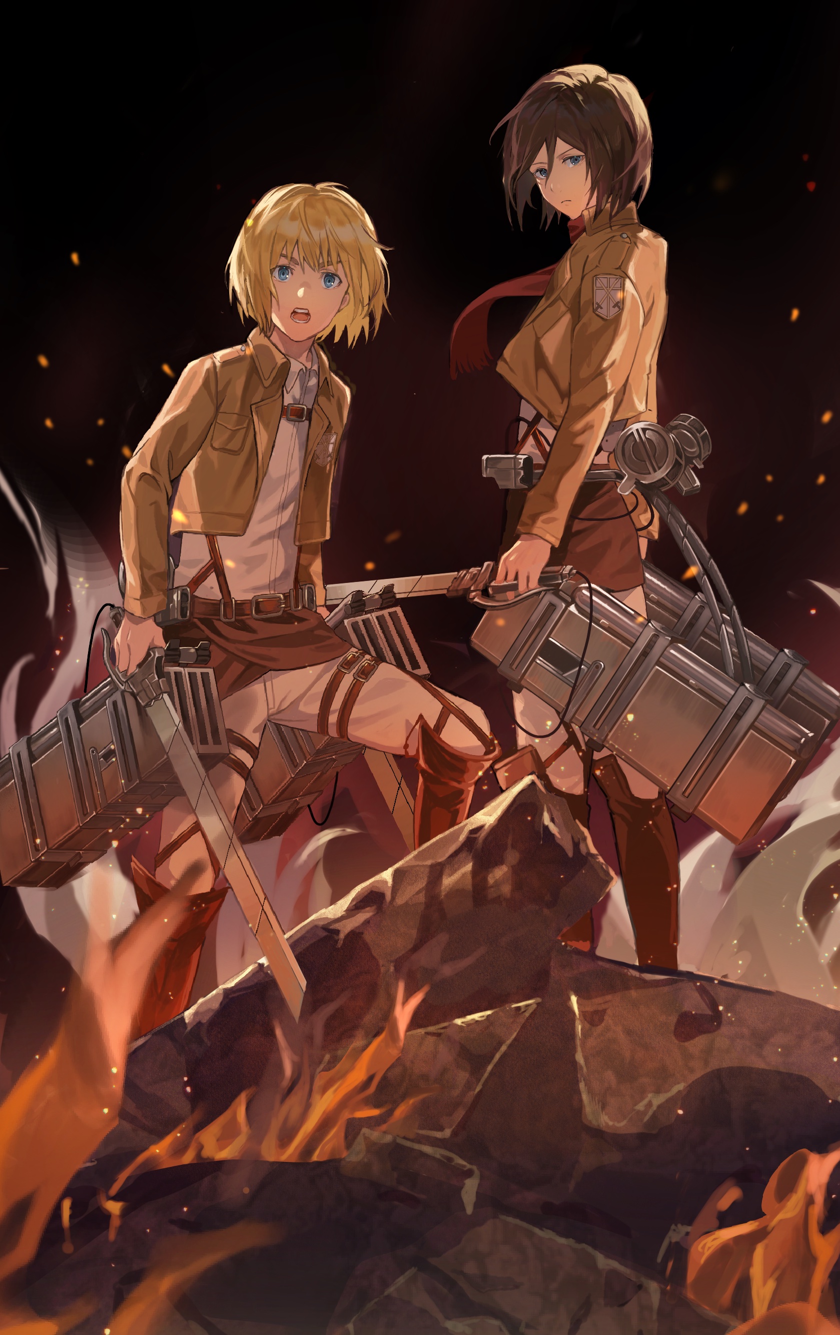 1boy 1girl absurdres armin_arlert black_background black_hair blonde_hair blue_eyes bob_cut boots brown_boots brown_jacket cropped_jacket debris fire full_body grey_eyes hair_between_eyes highres holding holding_weapon jacket long_sleeves mikasa_ackerman open_mouth pants red_scarf scarf shingeki_no_kyojin shirt shirushi_06 short_hair standing three-dimensional_maneuver_gear weapon white_pants white_shirt