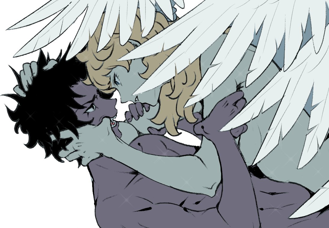 2boys angel_wings black_hair blonde_hair blue_eyes collarbone commentary_request dark-skinned_male dark_skin devilman devilman_crybaby eye_contact eyelashes fangs feathered_wings finger_in_another's_mouth fudou_akira hand_on_another's_face hand_on_another's_head hands_on_another's_arms huziqunzi long_hair looking_at_another lower_eyelashes_only male_focus multiple_boys navel nude pectorals satan_(devilman) sharp_teeth simple_background teeth white_background white_wings wings yaoi