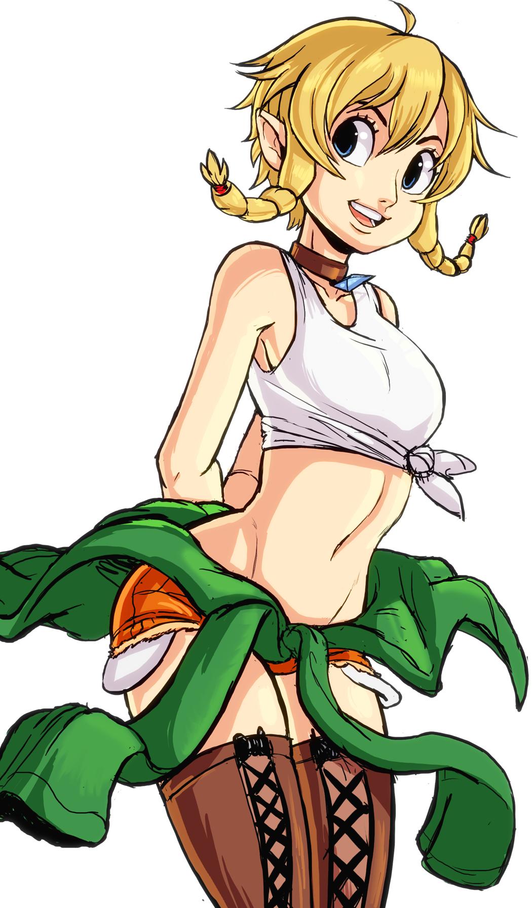 1girl arms_behind_back bare_shoulders blonde_hair blue_eyes boots breasts brown_boots brown_choker choker clothes_around_waist commentary cowboy_shot english_commentary green_jacket hair_between_eyes highres hyrule_warriors jacket jacket_around_waist lace-up_boots linkle midriff navel nintendo open_mouth orange_shorts pointy_ears shirt short_shorts shorts sidelocks sideways_glance simple_background small_breasts smile solo stomach tank_top teevo the_legend_of_zelda thigh_boots tied_shirt white_background white_tank_top