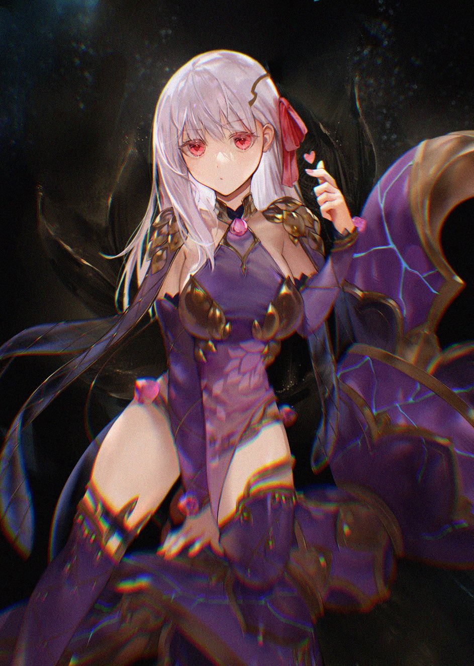 1girl armor bare_shoulders bikini_armor blush bracelet breasts circlet collar daeraeband detached_sleeves dress earrings fate/grand_order fate_(series) hair_ribbon heart highres huge_weapon jewelry kama_(fate) kama_(second_ascension)_(fate) large_breasts long_hair looking_at_viewer metal_collar pelvic_curtain purple_dress purple_sleeves purple_thighhighs red_eyes ribbon short_dress solo thighhighs thighlet thighs vajra_(object) weapon white_hair
