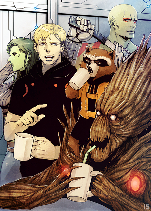 1girl 2boys animification bad_id bad_pixiv_id cup drax_the_destroyer drinking gamora groot guardians_of_the_galaxy iduhara_jugo marvel marvel_cinematic_universe mug multiple_boys peter_quill rocket_raccoon