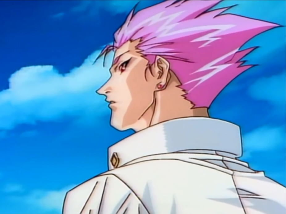 1990s_(style) 1boy blue_sky brown_eyes choujin_gakuen_gowcaizer jacket looking_away looking_to_the_side oobari_masami piercing pink_hair red_eyes retro_artstyle shigure_kyosuke sky white_jacket