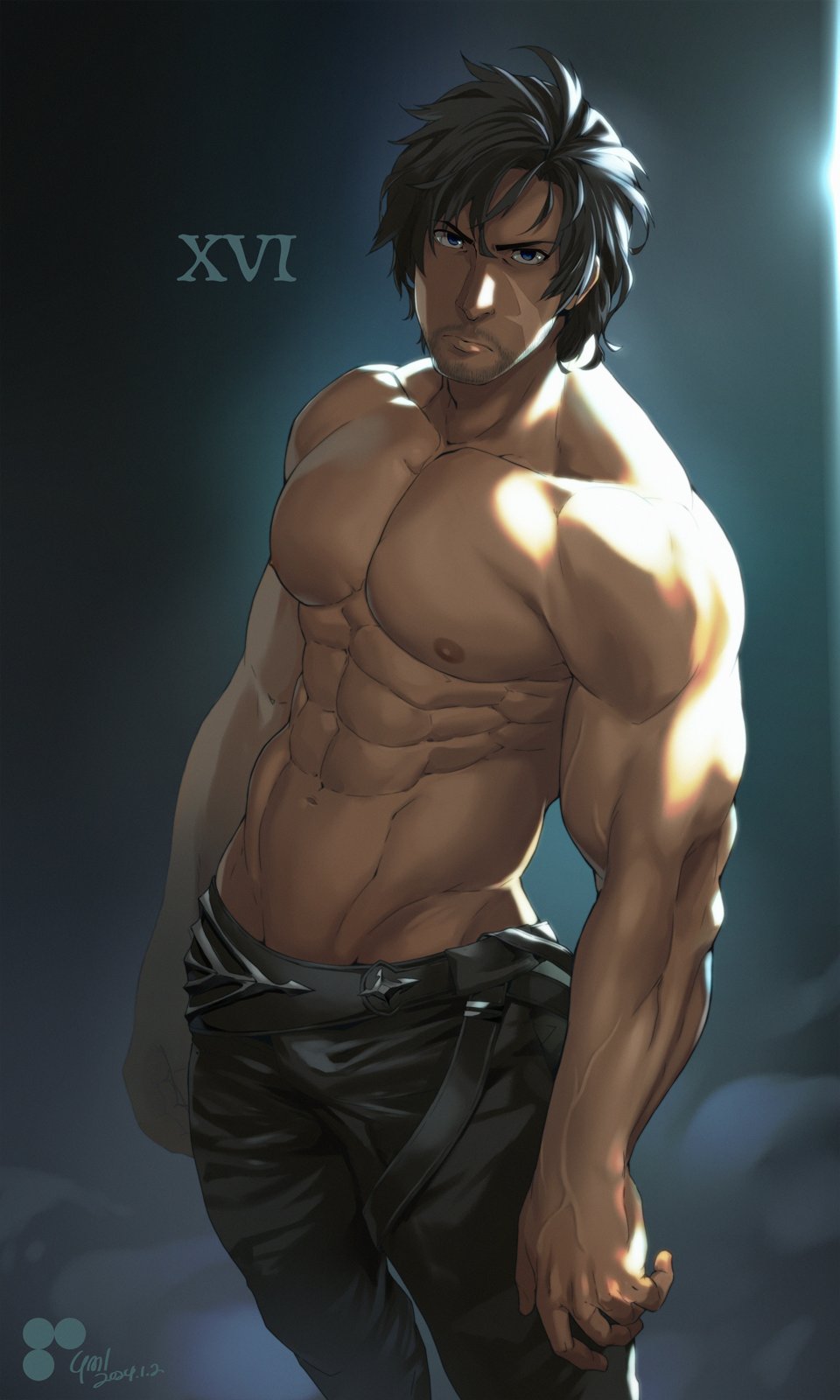 1boy 8_(yamalu) abs artist_name bara black_hair black_pants clive_rosfield facial_hair final_fantasy final_fantasy_xvi highres large_pectorals looking_at_viewer male_focus muscular muscular_male navel nipples pants pectorals scar scar_on_face short_hair solo topless_male