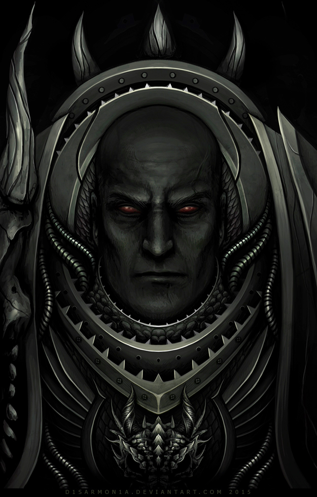1boy armor bald black_background breastplate closed_mouth commentary dated deviantart_username dragon_skull english_commentary looking_at_viewer male_focus monochrome portrait power_armor primarch red_eyes salamanders_(warhammer) scale_armor scar scar_on_face simple_background solo straight-on veronica_anrathi vulkan warhammer_40k watermark web_address
