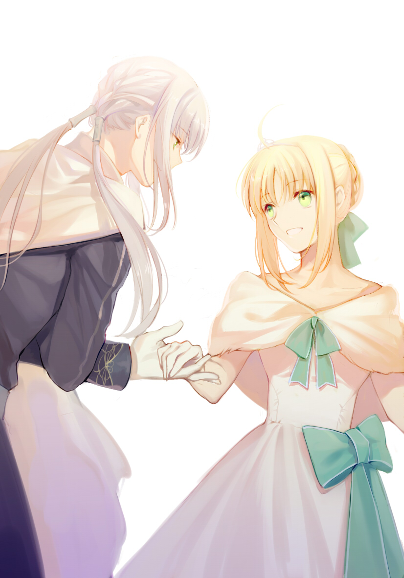 1boy 1girl :d ahoge artoria_pendragon_(fate) bedivere_(fate) bedivere_(formal_dress)_(fate) blonde_hair bow braid braided_bun capelet cherry_(10013717) dress fate/grand_order fate_(series) gloves green_eyes grin hair_bun heroic_spirit_formal_dress hetero holding_hands long_hair long_sleeves official_alternate_costume open_mouth saber_(fate) saber_(formal_dress)_(fate) short_hair sidelocks silver_hair smile tiara twintails white_dress white_gloves