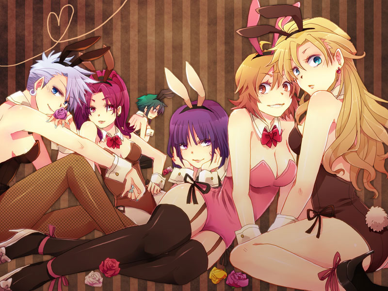 animal_ears annie_(saga_frontier) asellus_(saga_frontier) ass blonde_hair blush breasts brown_hair cleavage doll_(saga_frontier) dress em_crazy emilia_(saga_frontier) fake_animal_ears fishnets flower green_eyes green_hair leotard liza_(saga_frontier) long_hair looking_at_viewer multiple_girls pantyhose playboy_bunny rabbit_ears rabbit_tail red_eyes rose saga saga_frontier short_hair smile tail thighhighs