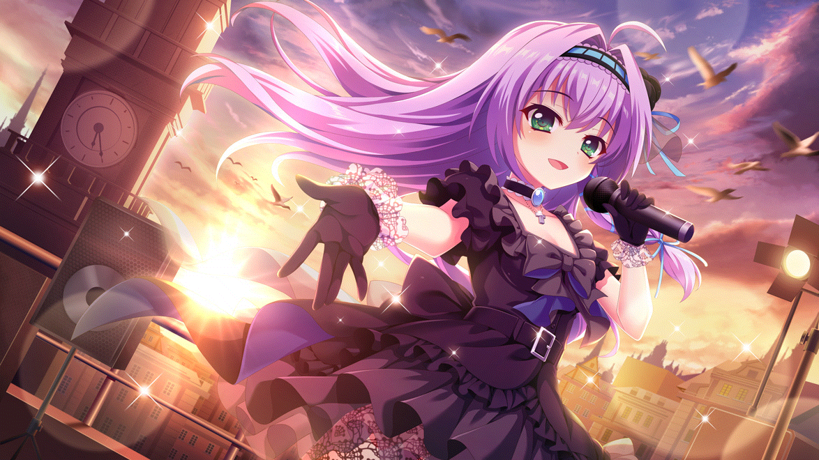 1girl ahoge analog_clock belt bird black_belt black_bow black_choker black_dress black_gloves black_hairband blue_gemstone blue_ribbon blush bow breasts choker city cleavage clock clock_tower cloud cloudy_sky cross cross_necklace dot_nose dress dutch_angle evening film_grain frilled_dress frilled_gloves frills game_cg gem gloves gradient_sky green_eyes hair_intakes hair_ribbon hairband hokaze_kanade holding holding_microphone izumi_tsubasu jewelry lens_flare long_hair looking_at_viewer medium_breasts microphone motion_blur necklace non-web_source official_art open_mouth orange_sky outstretched_arm outstretched_hand purple_hair purple_sky re:stage! reaching reaching_towards_viewer ribbon see-through_skirt_layer sky smile solo sparkle speaker stage_lights sunset tower