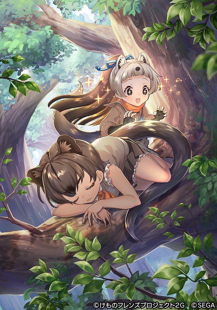 +_+ 2girls animal_ear_fluff bare_arms bare_shoulders black_gloves blonde_hair blue_bow blunt_bangs bow branch brown_hair brown_skirt brown_vest closed_eyes commentary_request ctake02 dark-skinned_female dark_skin elbow_gloves extra_ears fingerless_gloves fossa_(kemono_friends) fossa_ears fossa_tail frilled_skirt frilled_vest frills fur_trim gloves hair_bow kemono_friends kemono_friends_3 leaf multicolored_hair multiple_girls official_art orange_scarf pleated_skirt ponytail sable_(kemono_friends) sable_ears sable_tail scarf short_hair skirt sleeping sleeveless sparkle tree vest