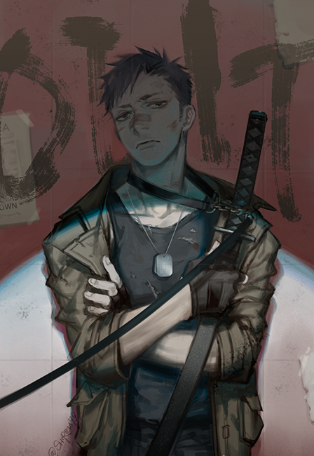 1boy against_wall black_eyes black_gloves black_hair black_pants blood blood_on_face cargo_pants chain chain_leash crossed_arms dirty dirty_clothes dirty_face dog_tags facing_viewer fingerless_gloves gangsta gloves graffiti grey_jacket half-closed_eyes hand_on_own_arm holding holding_scabbard holding_sword holding_weapon jacket katana leash looking_at_viewer male_focus mature_male military_jacket nicolas_brown open_clothes open_jacket outdoors paint pants scabbard scar scar_on_face sheath shirou_shirou shirt sleeves_rolled_up sword tile_wall tiles torn_clothes torn_shirt upper_body weapon