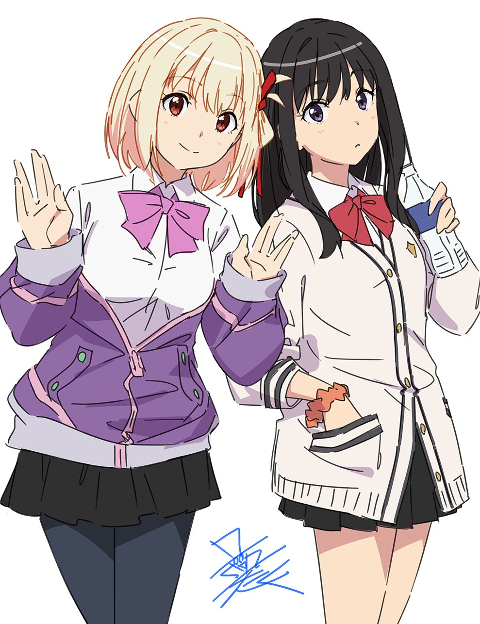 2girls black_hair black_pantyhose black_skirt blonde_hair bob_cut bottle bow cardigan cosplay cowboy_shot frown gridman_universe hand_in_pocket highres holding holding_bottle inoue_takina long_hair long_sleeves lycoris_recoil multiple_girls nishikigi_chisato one_side_up orange_eyes orange_scrunchie pantyhose pleated_skirt purple_bow purple_cardigan purple_eyes red_bow school_uniform scrunchie shinjou_akane shinjou_akane_(cosplay) shirt short_hair signature simple_background skirt smile ssss.gridman takarada_rikka takarada_rikka_(cosplay) taku1122 white_background white_cardigan white_shirt wrist_scrunchie