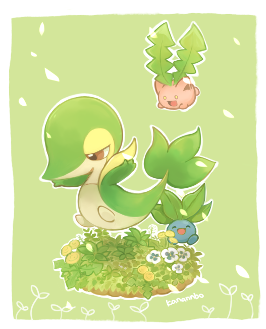border brown_eyes commentary_request dandelion flower full_body game_freak gen_1_pokemon gen_2_pokemon gen_5_pokemon green_background hoppip konanbo marigold nintendo no_humans oddish open_mouth outstretched_arms petals pokemon pokemon_(creature) signature snivy spread_arms white_border white_flower yellow_flower